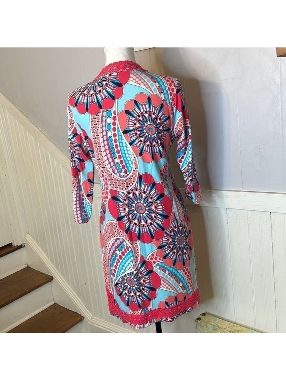 CROWN & IVY CURVY RETRO CROCHET KNIT SHIFT LONG 3/4 SLEEVE DRESS SIZE XS - Picture 6 of 15